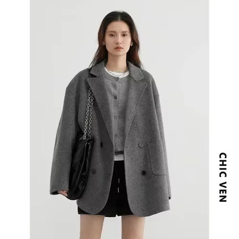 Women'S Woolen Coats Loose Casual Double Breasted Retro Double-Sided Jacket Office Lady Outerwear Autumn Winter 2026