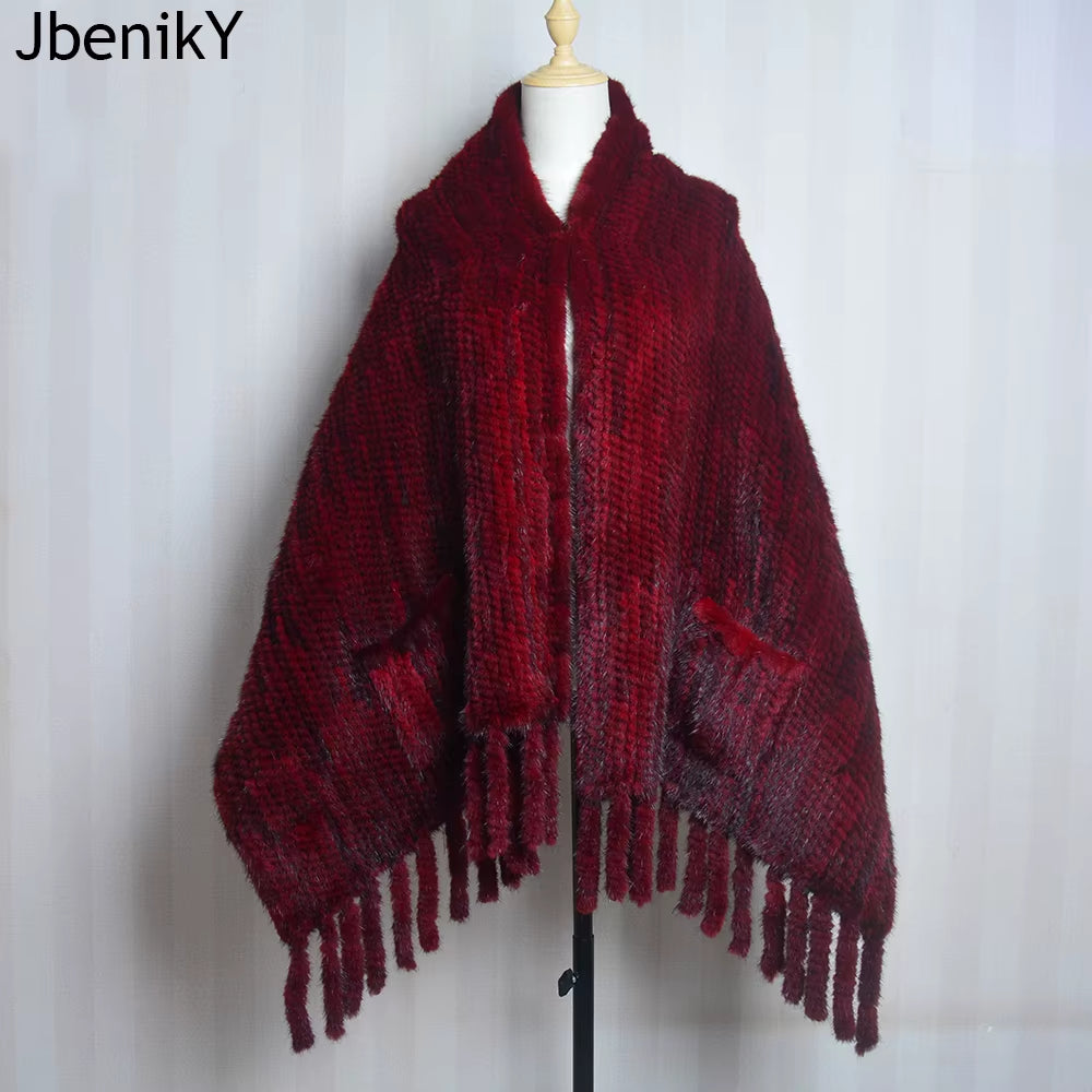 2026 New Women Genuine Knitted Mink Fur Showl Scarf Lady 100%Natural Real Mink Fur Shawl with Tassel Fashion Mink Fur Ponchos