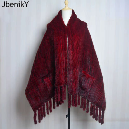 2026 New Women Genuine Knitted Mink Fur Showl Scarf Lady 100%Natural Real Mink Fur Shawl with Tassel Fashion Mink Fur Ponchos