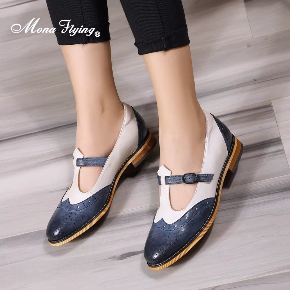 Women Genuine Leather Mary Jane Flat Casual Buckle Shoes Loafers Ladies T Strap Shoes Elegant Low Heel A068-F103