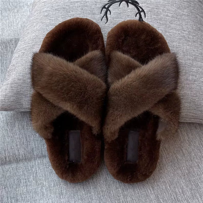 Women Shoe Fashion Flats Summer Shoes for Women 2024 Fur Slides 100% Mink Slippers Luxury Ladies Mink House Slippers